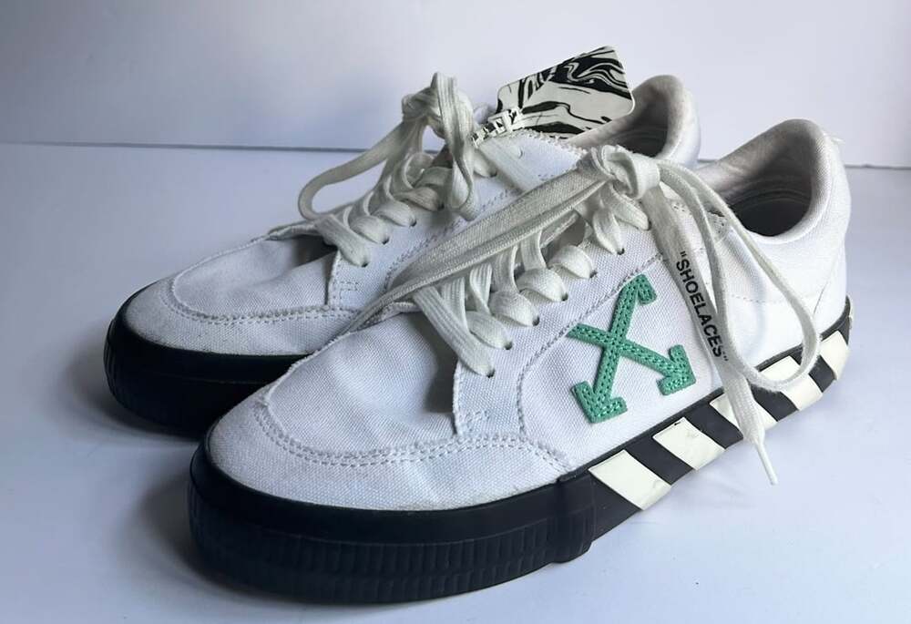 Off-White Low Vulcanized Canvas Sneakers White Green Size 9.5